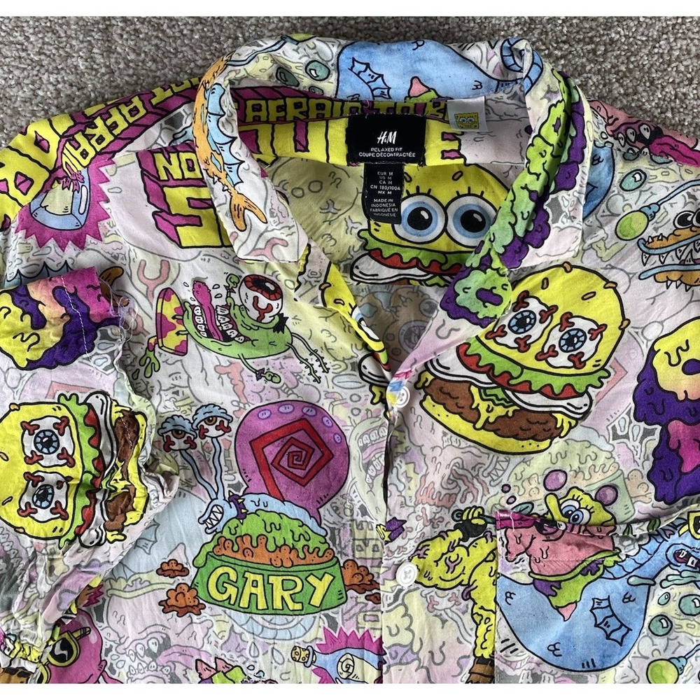 H&M Relaxed Fit Viscose All SpongeBob Loud Unique Wild Print Mens M Shirt Preppy
